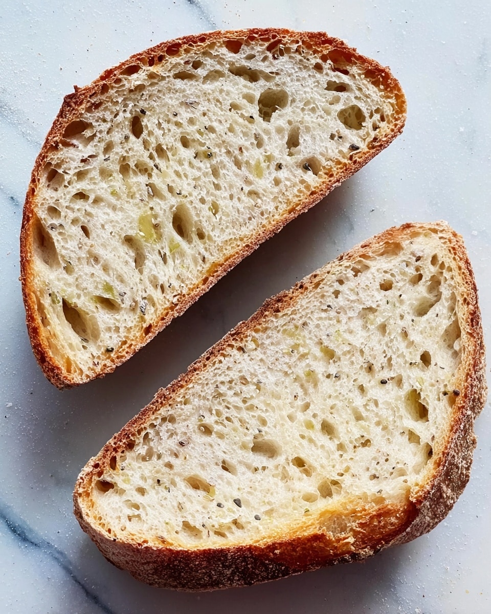 Two slices of rustic bread are shown on a white marbled surface. Each slice has a golden-brown crust around the edges and a soft inside filled with small and medium air holes of different sizes. The bread’s texture looks light and airy, with a slightly chewy crumb. The top slice is partially overlapping the bottom slice, positioned diagonally. The lighting is natural and even, highlighting the bread’s porous structure and the crust’s subtle roughness. photo taken with an iphone --ar 4:5 --v 7
