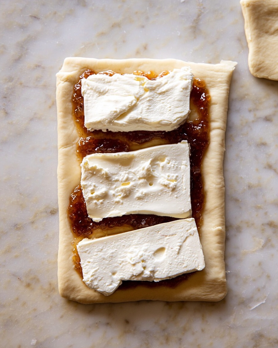 The image shows a rectangular piece of dough laid flat on a white marbled surface, with its edges slightly folded up. The first layer on the dough is a spread of brown jam or fruit preserve, shiny and textured, covering the center. On top of this are three thick slices of white cheese with a creamy texture and soft rind, slightly overlapping each other, with small holes and uneven edges visible. The overall look is simple and fresh, focusing on the layers before baking. Photo taken with an iphone --ar 4:5 --v 7