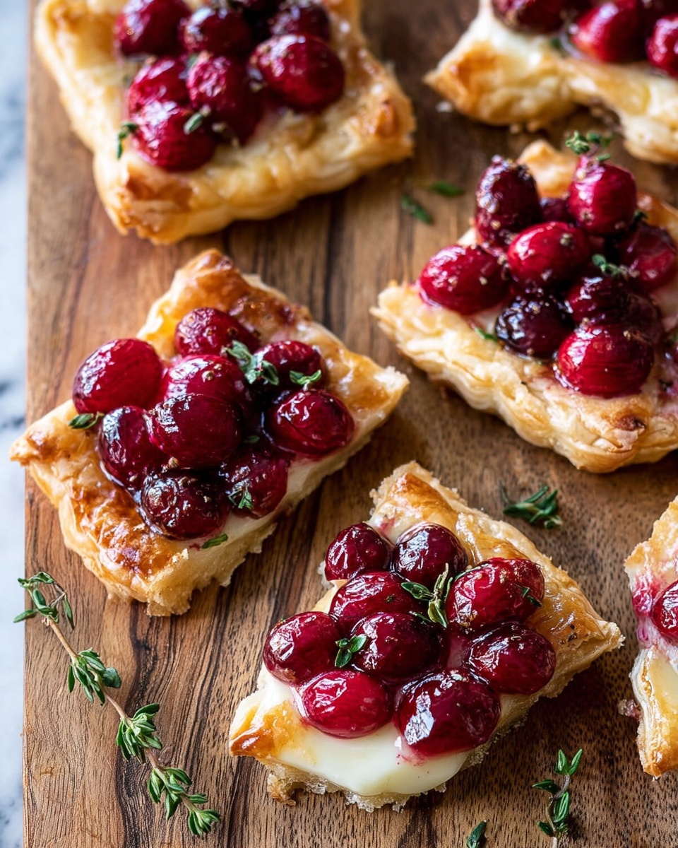 The image shows several small tart slices placed on a wooden surface. Each tart has a flaky golden-brown crust as the base layer. On top of the crust is a light creamy layer with a smooth texture. The top layer consists of whole bright red cranberries that are slightly glossy, adding a fresh and juicy look. Small green herb sprigs are placed on the wooden surface near the tarts for decoration. The background is a white marbled texture. photo taken with an iphone --ar 4:5 --v 7