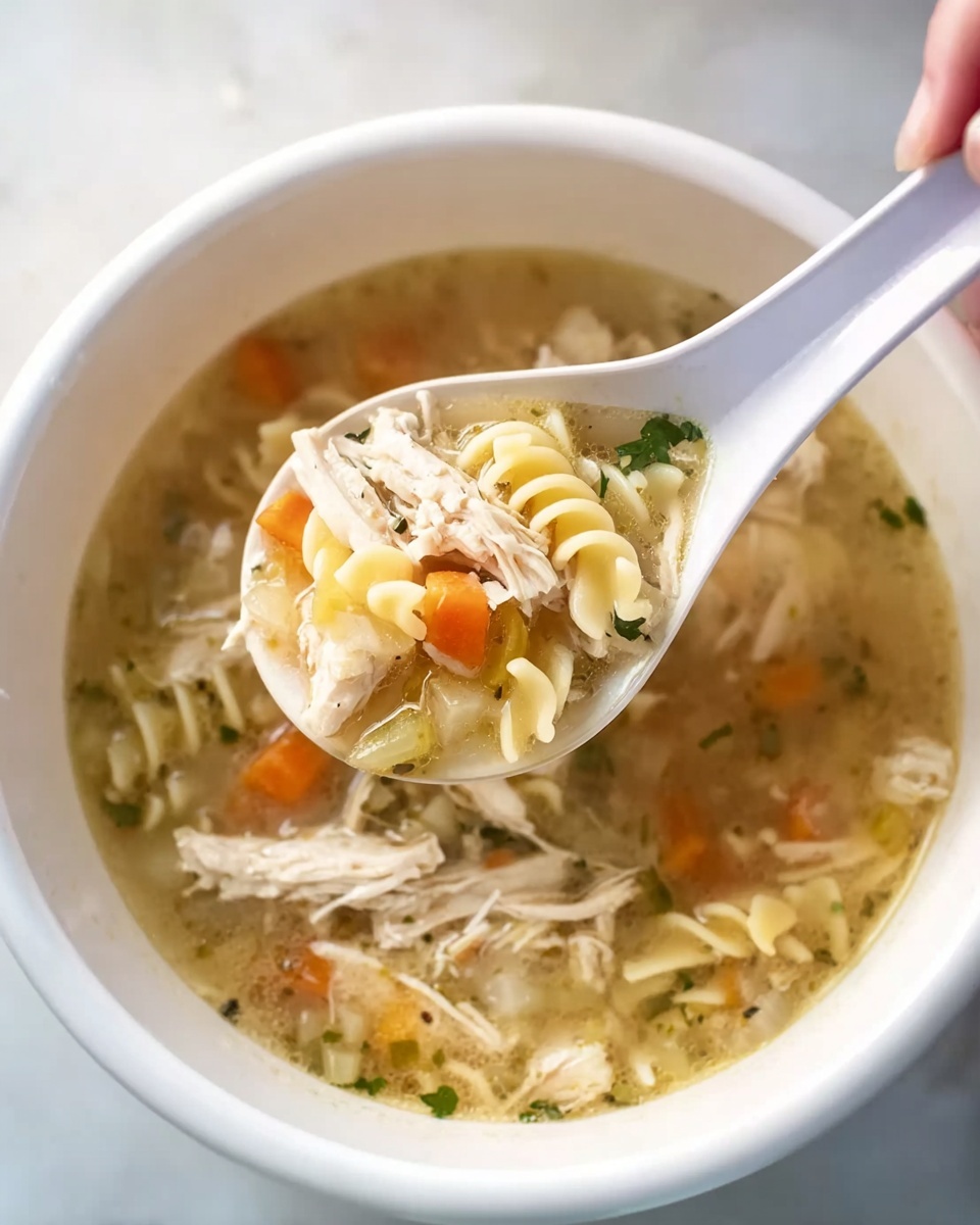 A white bowl filled with chicken noodle soup sits on a white marbled surface. The soup has three main visible layers: a clear broth base with small green herb bits, soft yellow egg noodles coiled across the top, and bright orange carrot slices with pale green celery pieces scattered throughout. Strips of white chicken meat are mixed in between the noodles and vegetables. Tiny specks of black pepper and green herbs float on the broth surface, adding texture. Another white bowl containing the soup is blurred in the background. photo taken with an iphone --ar 4:5 --v 7