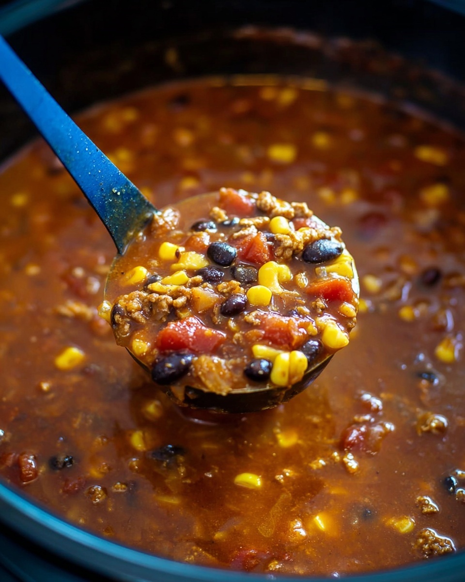 The image shows a close-up of a large pot filled with thick, reddish-brown chili soup. The soup has visible layers of yellow corn kernels, black beans, small chunks of red tomatoes, and brown bits of cooked meat mixed into the rich, smooth broth. A blue-handled ladle scoops up a portion of the chili, lifting the colorful mixture above the surface, showing the varied textures and ingredients clearly. The background is out of focus, putting full attention on the warm, hearty chili. Photo taken with an iphone --ar 4:5 --v 7