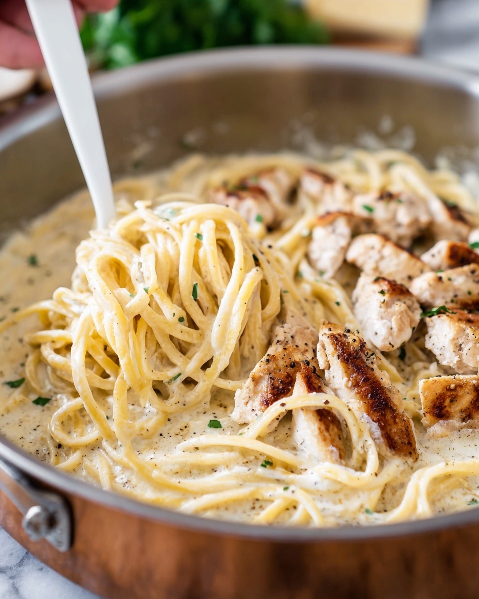 The image shows a close-up of a creamy pasta dish in a silver pan. The first layer is long, thick spaghetti noodles in a pale, creamy white sauce mixed with black pepper specks. On top of the noodles, there are several pieces of white chicken with brown grilled marks and some small green herb bits scattered around. A woman's hand holds a white fork stirring the noodles and chicken in the pan. The background includes a blurred white marbled surface and some out-of-focus greens. Photo taken with an iphone --ar 4:5 --v 7