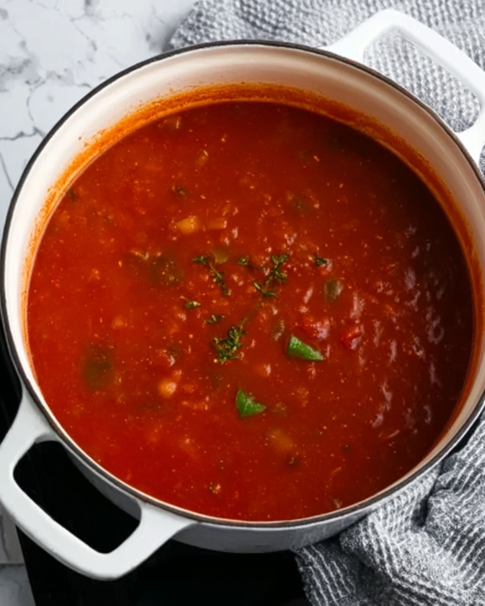 A white pot filled with a thick, bright red tomato soup with small pieces of vegetables and herbs floating on the surface. The soup has a smooth texture with some visible chunks and a few green leaves scattered on top, all inside the pot with white handles. The pot sits on a black stove, and in the top right corner, a soft gray and white striped cloth is visible on a white marbled surface. photo taken with an iphone --ar 4:5 --v 7
