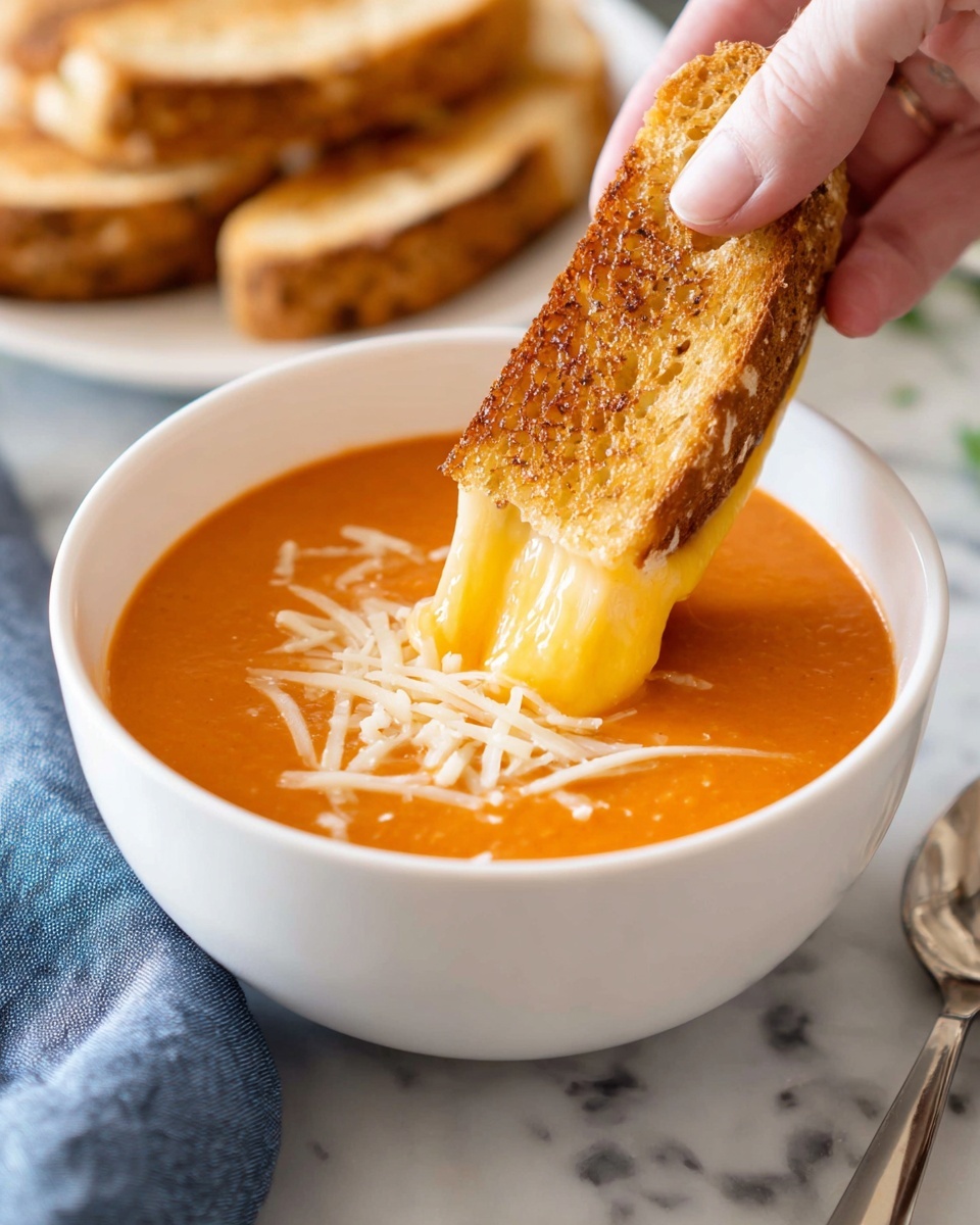A white bowl filled with thick orange tomato soup topped with light shreds of white cheese scattered on the surface, a piece of toasted sandwich bread with a golden brown crust and melted yellow cheese inside is being dipped into the soup by a woman's hand; in the blurry background, there is a white plate with more toasted sandwich pieces on a white marbled surface with a silver spoon and a blue cloth partially visible next to the bowl photo taken with an iphone --ar 4:5 --v 7