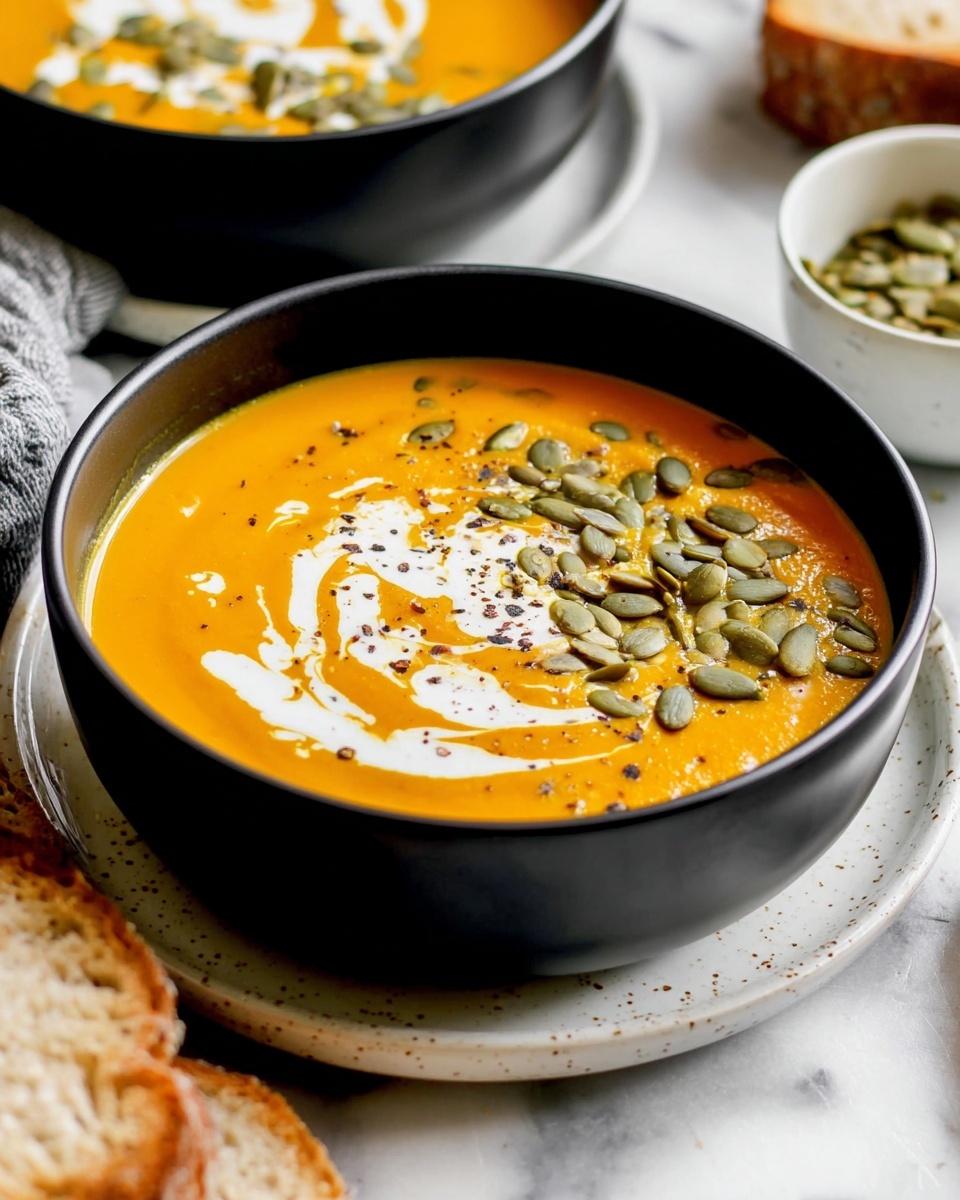 A black bowl filled with smooth orange pumpkin soup, topped with a swirl of white cream and a generous pile of green pumpkin seeds scattered mostly on one side, all sprinkled with black pepper, the bowl is sitting on a white plate with a few speckles, placed on a white marbled surface, with another similar bowl slightly blurred in the background, and a small white bowl with more green pumpkin seeds to the right, pieces of bread are partially visible at the lower left corner, photo taken with an iphone --ar 4:5 --v 7