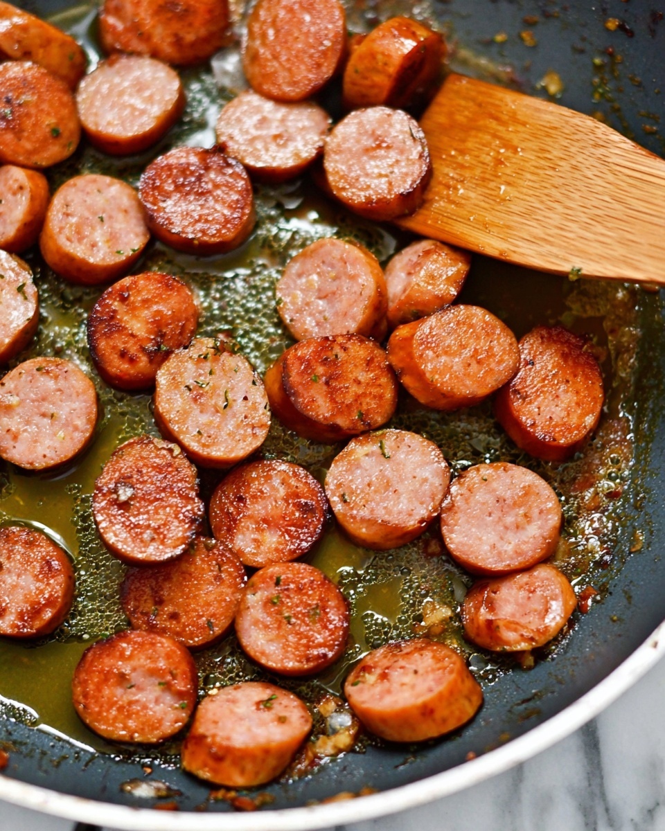 The image shows many round slices of sausage frying in a pan. The sausages have a pinkish-brown color with some darker, crispy spots on top. The pan has shiny oil around the sausage pieces, making them look glossy and cooked. A wooden spatula is on the right side of the pan, partially touching the sausages. The background is a white marbled surface. photo taken with an iphone --ar 4:5 --v 7