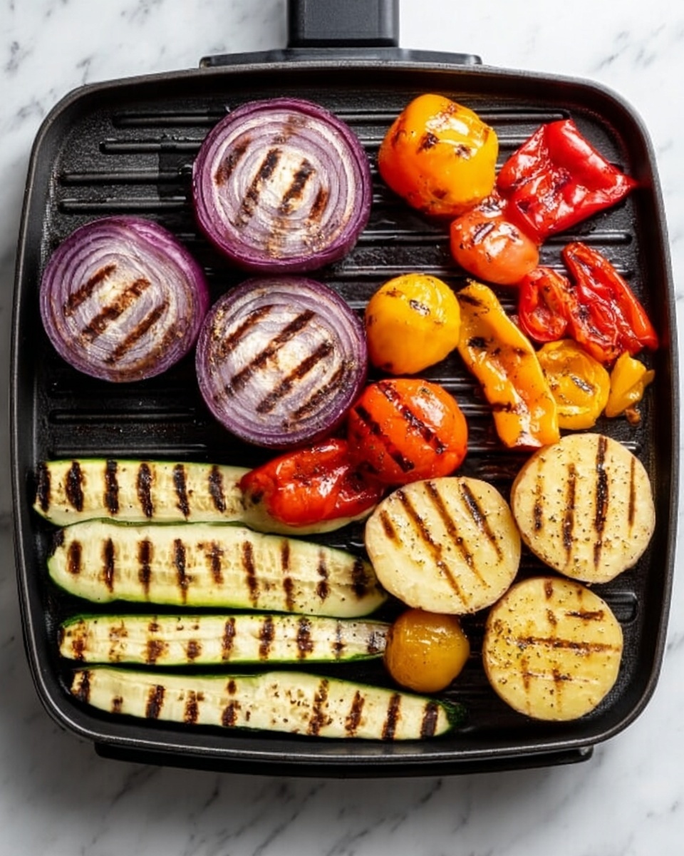 On a black grill pan placed on a white marbled surface, there are several grilled vegetables arranged closely. There are thick circular slices of purple onion with clear grill marks, long strips of pale yellow zucchini with dark grill lines, small bright red tomatoes, yellow and orange mini bell peppers with charred spots, and round slices of light yellow potato showing grilled patterns. The vegetables have a slightly shiny texture, showing they are cooked and slightly soft. The scene looks clean and vibrant with a mix of warm colors from the grilled veggies. photo taken with an iphone --ar 4:5 --v 7