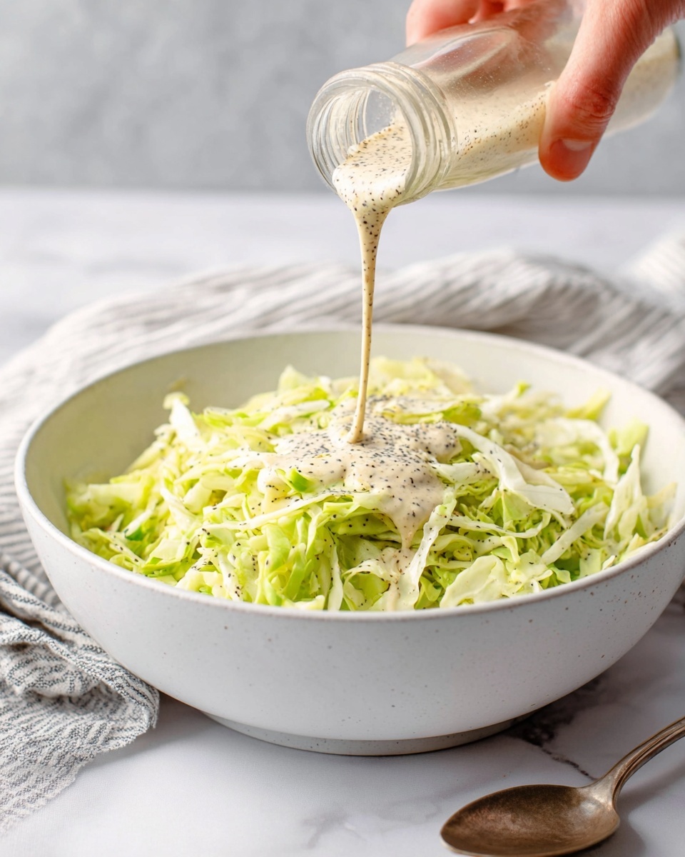 A white bowl is full of shredded light green cabbage, looking fresh and crisp. Over the cabbage, a creamy beige dressing with small black seeds is being poured from a small clear glass bottle held by a woman's hand above the bowl. The dressing flows smoothly onto the cabbage, creating a soft flowing texture. The background and surface are a white marbled texture, with a striped cloth softly blurred behind the bowl, and an old silver spoon rests to the side of the bowl. photo taken with an iphone --ar 4:5 --v 7
