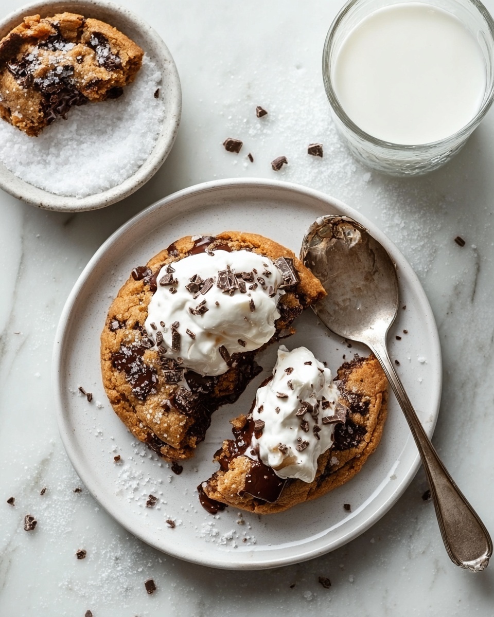 Two warm chocolate chip cookies are on a white plate, one cookie broken and showing melted dark chocolate inside, topped with a dollop of white cream. The cream is sprinkled with small dark chocolate shavings. To the right of the plate is a silver spoon with some cookie and cream on it. Above the plate, there is a small white bowl filled with coarse white salt, and a clear glass of white milk is beside it. The table has a white marbled texture. photo taken with an iphone --ar 4:5 --v 7