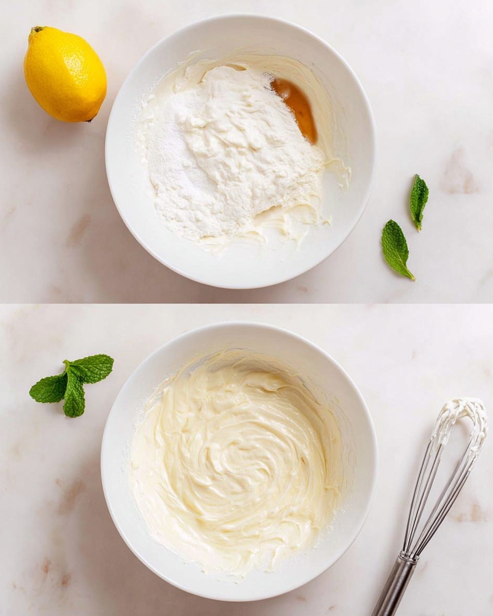 The image shows a side-by-side of a white bowl on a white marbled texture, first filled with separate layers of thick white cream, a brown liquid, white powder, and a light liquid, and then fully mixed into a smooth, light cream mixture with visible swirls. Above the bowl, there is a whole yellow lemon on the left and two small green mint leaves on the right. To the bottom right of the bowl, there are two metal mixer beaters. photo taken with an iphone --ar 4:5 --v 7