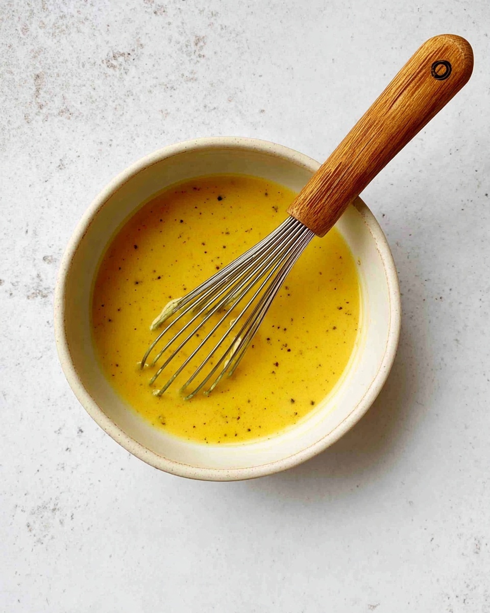A white bowl holds a smooth, yellow sauce with small black specks scattered throughout. A metal whisk with a wooden handle rests inside the bowl, partially submerged in the sauce. The bowl is placed on a white marbled surface, which adds a light and clean texture to the background. photo taken with an iphone --ar 4:5 --v 7