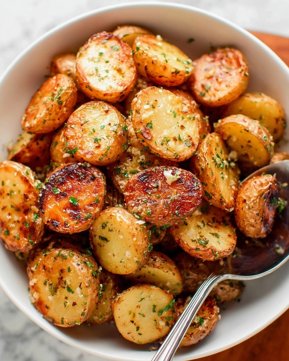 The image shows a white bowl filled with roasted small potatoes that are halved, featuring a golden brown and crispy surface with some darker caramelized spots. The potato skins are light beige with a slightly textured look. The potatoes are sprinkled with finely chopped green herbs and small bits of minced garlic. There is a silver spoon partially inside the bowl resting on the side. The bowl is placed on a white marbled surface. Photo taken with an iphone --ar 4:5 --v 7