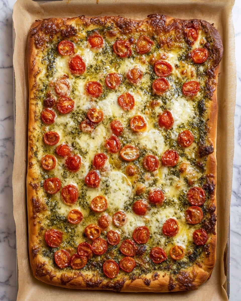 The image shows a slice of square pizza with a golden, crispy crust on the edges. It has a cheesy layer mixed with green pesto spread evenly under slices of bright red cherry tomatoes placed on top. Small white cheese crumbles and fresh green basil leaves are scattered over the pizza. The slice rests on brown parchment paper on a white marbled surface. Additional pizza slices with the same toppings can be seen partially around the main slice. photo taken with an iphone --ar 4:5 --v 7