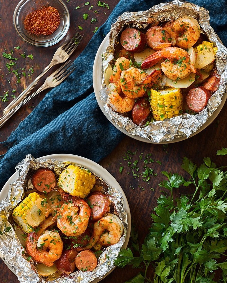A foil pouch filled with cooked shrimp, round orange and pinkish in color with a firm texture, mixed with small red potatoes cut into chunks showing a waxy texture. There are also thick, round slices of grilled sausage, light to dark brown with a slightly crispy look. Two pieces of yellow corn cut into thick rounds show grill marks and a juicy texture. The ingredients are sprinkled with chopped fresh green parsley. The foil pouch sits on a white plate on a white marbled surface with a blue cloth nearby. photo taken with an iphone --ar 4:5 --v 7
