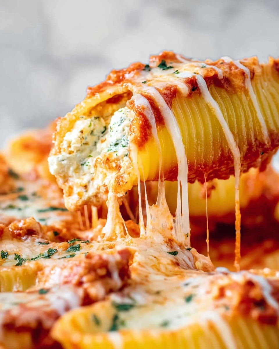 A close-up view of a single rolled pasta shell filled with creamy white cheese mixed with green herbs. The pasta shell is covered in bright red tomato sauce and topped with melted white cheese drizzled on top. The shell is being lifted, showing melted cheese stretching from the pasta below, which is layered with more pasta shells covered in the same tomato sauce and melted cheese. All of this sits on a white marbled surface. photo taken with an iphone --ar 4:5 --v 7