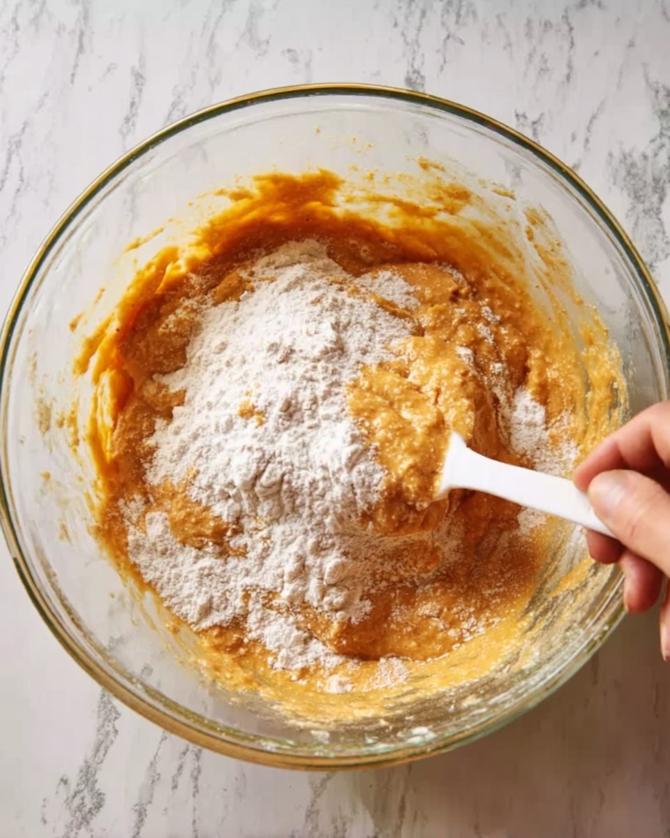 A clear glass bowl with a mix of orange batter and white flour on top is shown, with a white spatula stirring the ingredients; the texture appears soft and partly smooth, and a woman's hand holds the bowl on the bottom right against a white marbled surface. Photo taken with an iphone --ar 4:5 --v 7