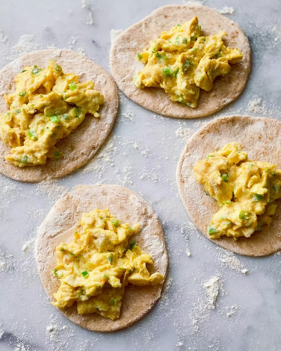 Everything Bagel Hand Pies Recipe 4 The image shows four pieces of flat round dough arranged on a white marbled surface sprinkled with flour. Each dough piece is topped with a yellow scrambled egg mixture that looks soft and fluffy, with bits of green herbs mixed inside. The dough circles have a slightly rough texture and light brown color. The background is a white marbled texture with some flour dust scattered around. photo taken with an iphone --ar 4:5 --v 7