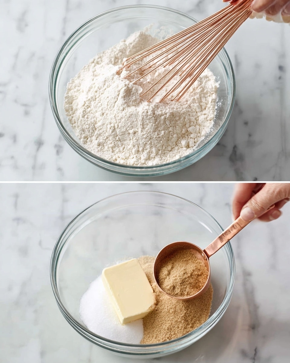 Oatmeal Chocolate Chip Cookies Recipe 4 The first image shows a clear glass bowl filled with white flour, being mixed with a copper whisk held by a woman's hand. The surface beneath is white marbled. In the second image, a copper measuring cup filled with light brown sugar is held above a clear glass bowl containing a stick of pale yellow butter, some white granulated sugar, and more brown sugar at the bottom. The background also has a white marbled texture. photo taken with an iphone --ar 4:5 --v 7