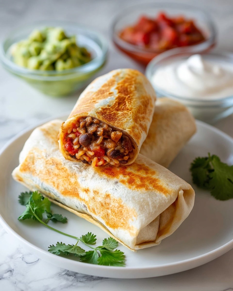 Two toasted burritos are stacked on a white plate with a white marbled surface underneath. The bottom burrito is whole, showing a golden brown toasted surface with light spots. The top burrito is cut in half and placed on top, showing a filling with layers of brown cooked beans, red tomatoes, lighter colored rice and bits of melted cheese in the center. In the background, three clear bowls hold green guacamole, red salsa, and white sour cream, slightly blurred. Some fresh green cilantro leaves are placed on the plate near the burritos. photo taken with an iphone --ar 4:5 --v 7