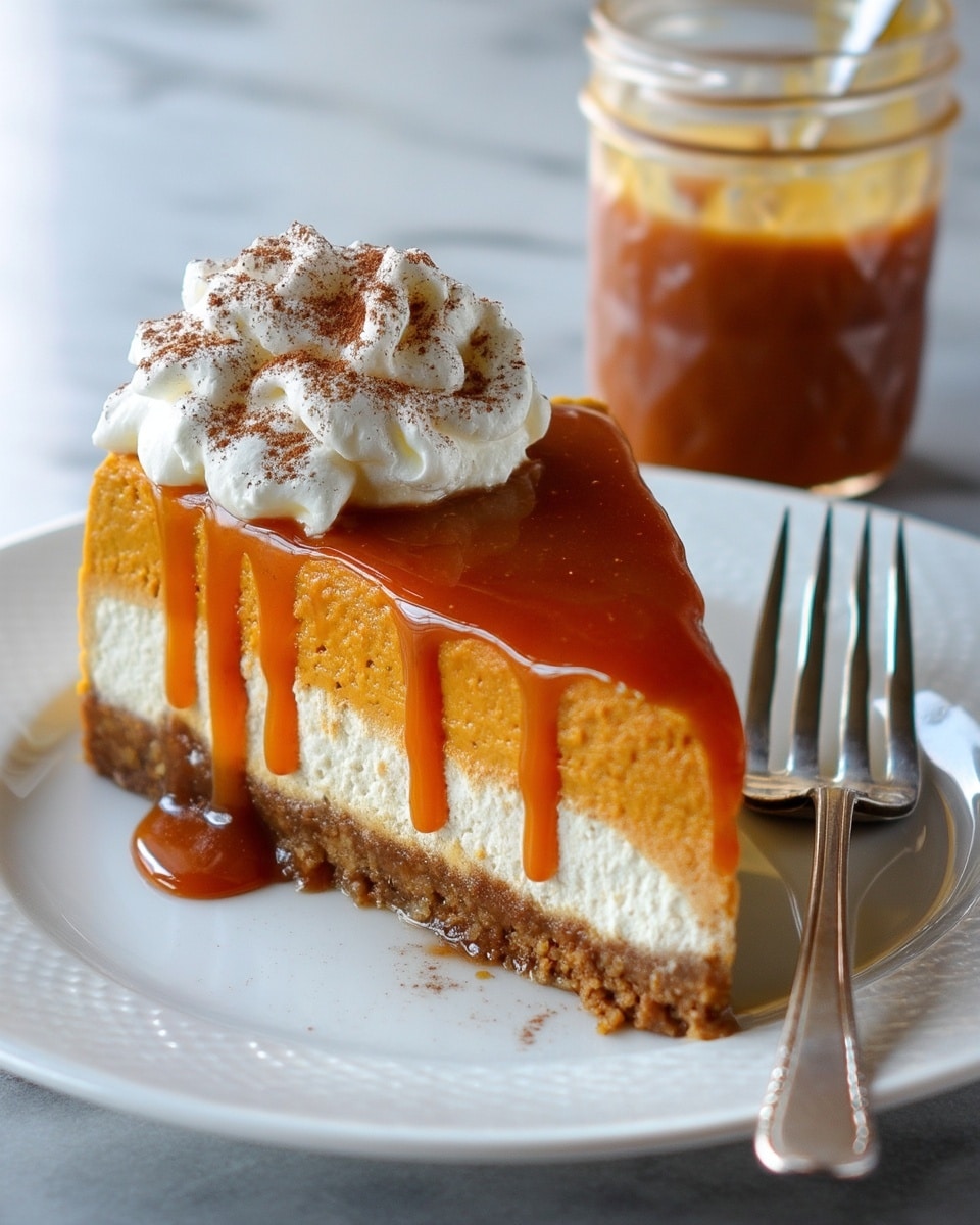 A close-up view of a pumpkin pie slice shows two main layers: a thick, smooth orange pumpkin layer on top and a thin, crumbly golden brown crust at the bottom. The slice is topped with a swirl of white whipped cream sprinkled lightly with cinnamon. The pie is on a white plate with a white marbled surface background. Two small pumpkins, one orange and one white with orange stripes, are slightly blurred in the background. Photo taken with an iphone --ar 4:5 --v 7