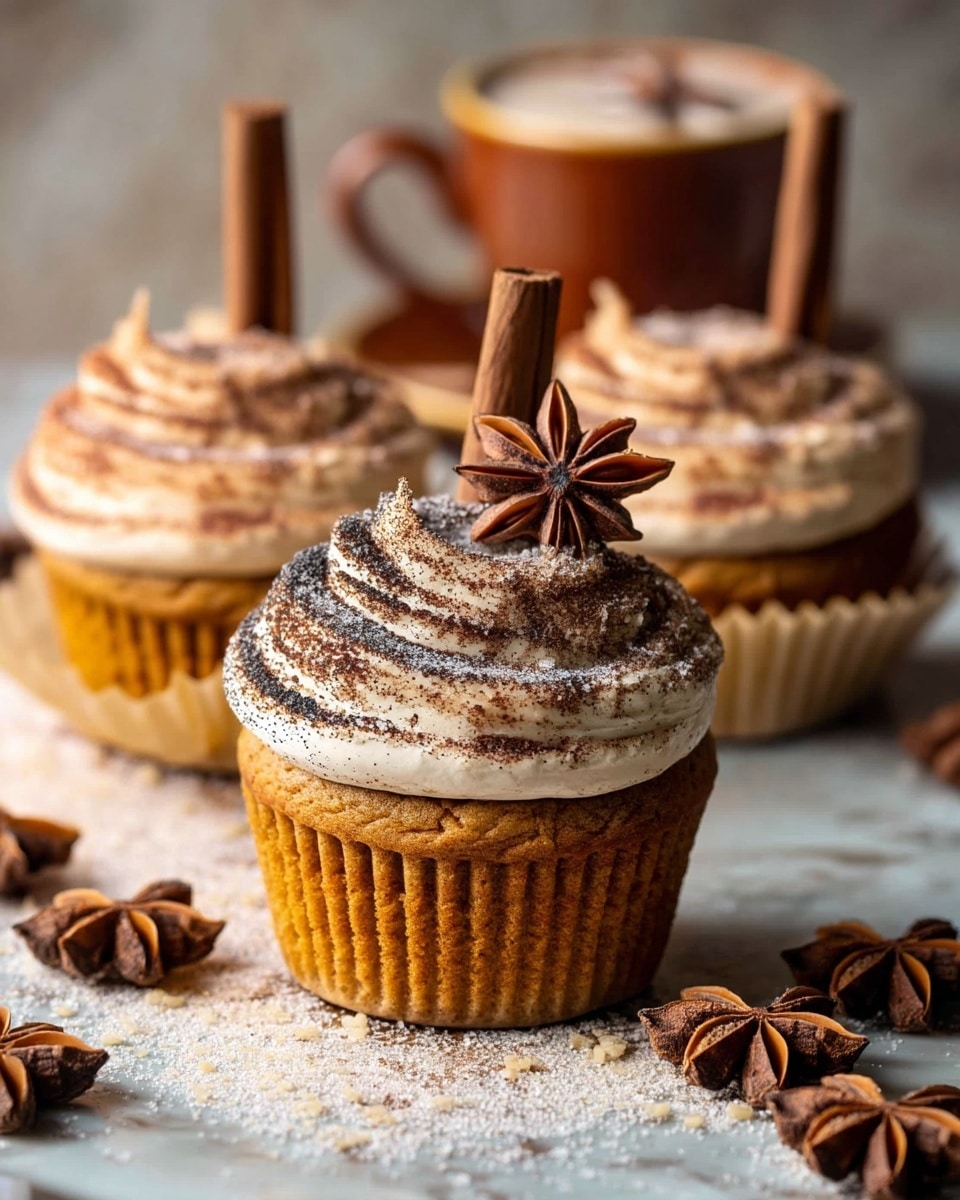 A close-up view of a single cupcake that has been partially eaten from the front, showing a moist, dense brown cake layer at the bottom. On top of the cake is a thick, swirled layer of creamy white frosting sprinkled lightly with cocoa powder. A cinnamon stick stands upright in the frosting near the center. The cupcake sits on a dark wooden surface dusted with powdered sugar, with a star anise beside it. In the background, slightly blurred, there is another whole cupcake and a cup of coffee in a white cup and saucer on a white marbled surface. Photo taken with an iphone --ar 4:5 --v 7