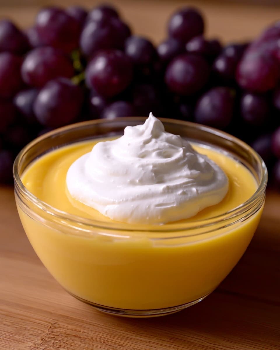 A clear glass bowl filled with smooth, bright yellow pudding that has a creamy texture. In the center of the pudding, there is a thick dollop of white whipped cream sitting on top, creating a soft contrast against the yellow layer below. The bowl is set on a wooden surface with a bunch of purple grapes in the background, and the overall scene is lit warmly, highlighting the silky shine of the pudding and the fluffy texture of the cream. photo taken with an iphone --ar 4:5 --v 7