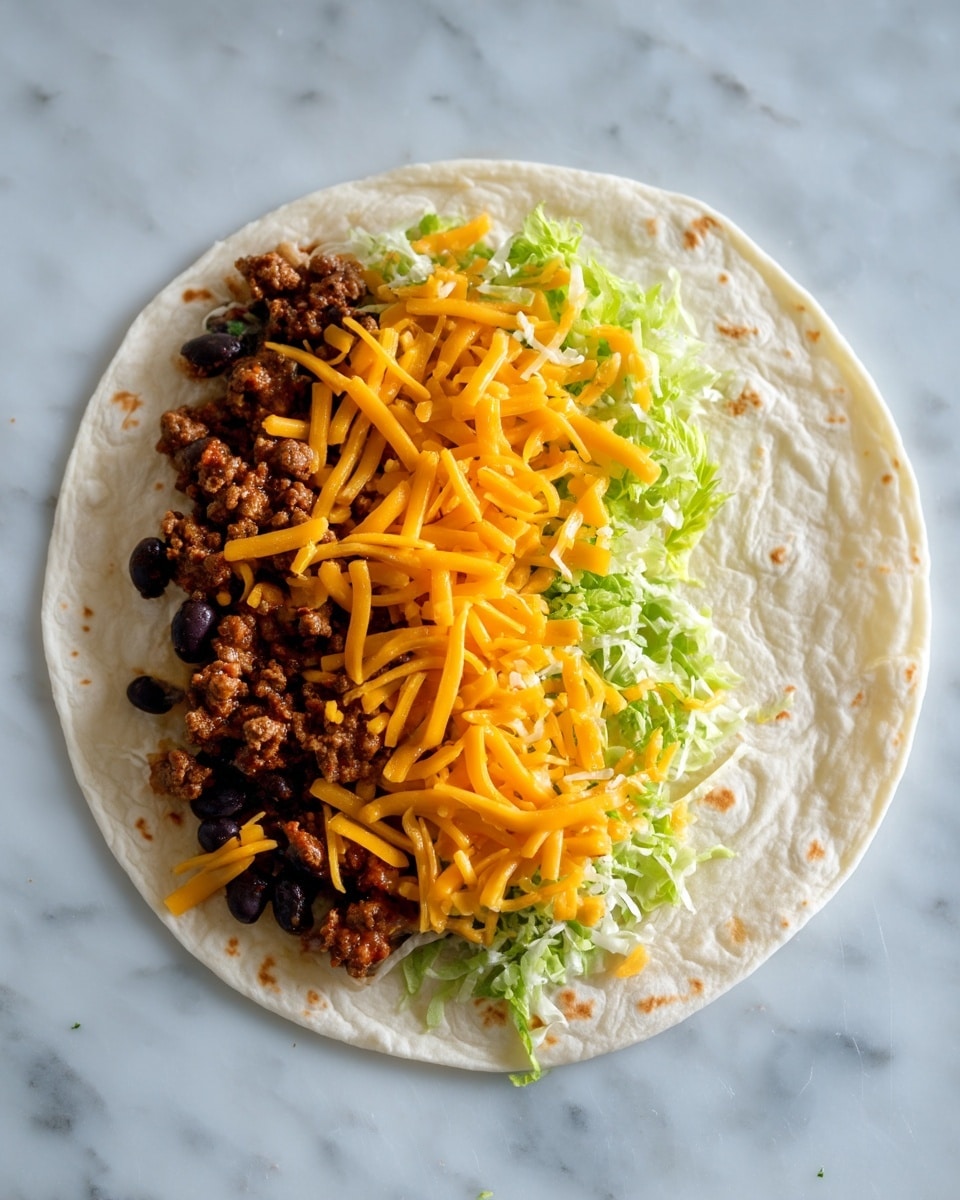 A round, soft white tortilla is laid flat on a white marbled surface. On the left side of the tortilla, there are several visible layers of filling: the bottom layer is a dark brownish black bean mash spread thin, topped with small pieces of cooked ground meat mixed with black beans. Above this is a sprinkling of finely shredded pale green lettuce, and on top of all the fillings is a generous pile of bright orange shredded cheddar cheese. The right half of the tortilla is empty, showing its soft, slightly uneven texture. photo taken with an iphone --ar 4:5 --v 7