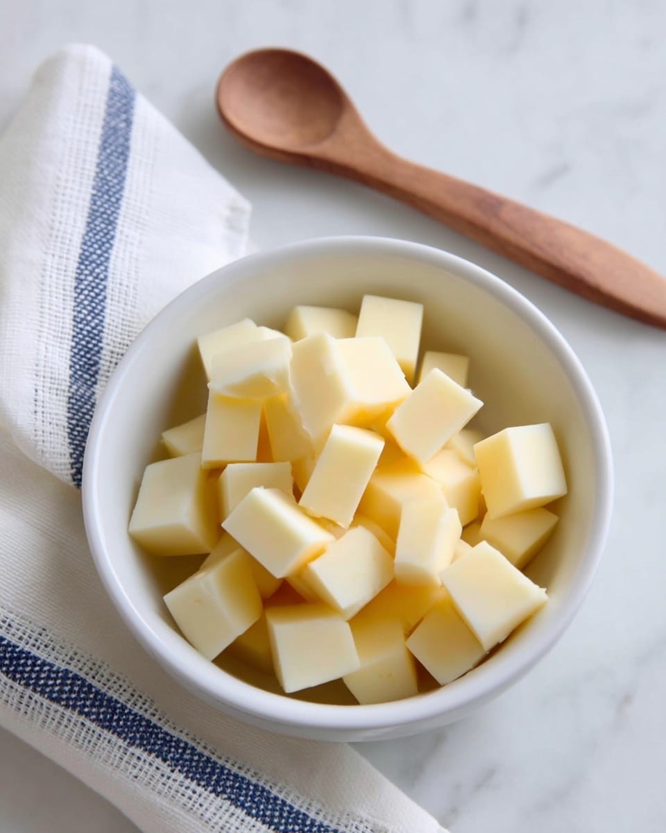 A small white bowl filled with many small cubes of pale yellow cheese sits on a white marbled surface next to a wooden spoon and a white cloth with blue stripes. The cheese cubes have smooth edges and a soft texture, arranged loosely in the bowl. The scene is simple and well lit, showing the details of the cheese and surrounding items clearly. photo taken with an iphone --ar 4:5 --v 7