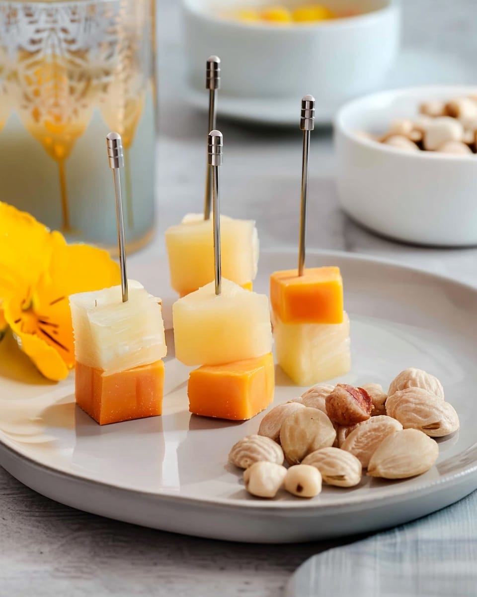 The image shows three small stacks of two cubes each on a round white plate with a white marbled texture surface. Each stack is held together by a thin silver metal pick. The front-left and back-right stacks have an orange cheese cube on the bottom and a pale yellow pineapple cube on top. The middle stack has a pale yellow pineapple cube on the bottom with an orange cheese cube on top. To the right of the stacks, there is a small pile of light beige nuts. A bright yellow edible flower is placed on the left side of the plate. The background shows blurred white bowls and a glass with a yellow pattern, all on the white marbled surface. Photo taken with an iphone --ar 4:5 --v 7