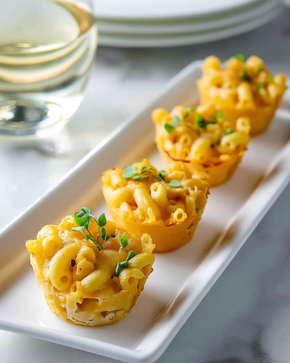 The image shows five small macaroni and cheese cups arranged in a single row on a long white rectangular plate. Each cup is golden yellow in color with visible small macaroni pieces tightly packed together, and garnished on top with small green herb leaves. The plate is placed on a surface with a white marbled texture. In the background, there is a glass of white wine and a stack of white round plates slightly out of focus. The lighting highlights the creamy texture and golden hue of the pasta cups. photo taken with an iphone --ar 4:5 --v 7