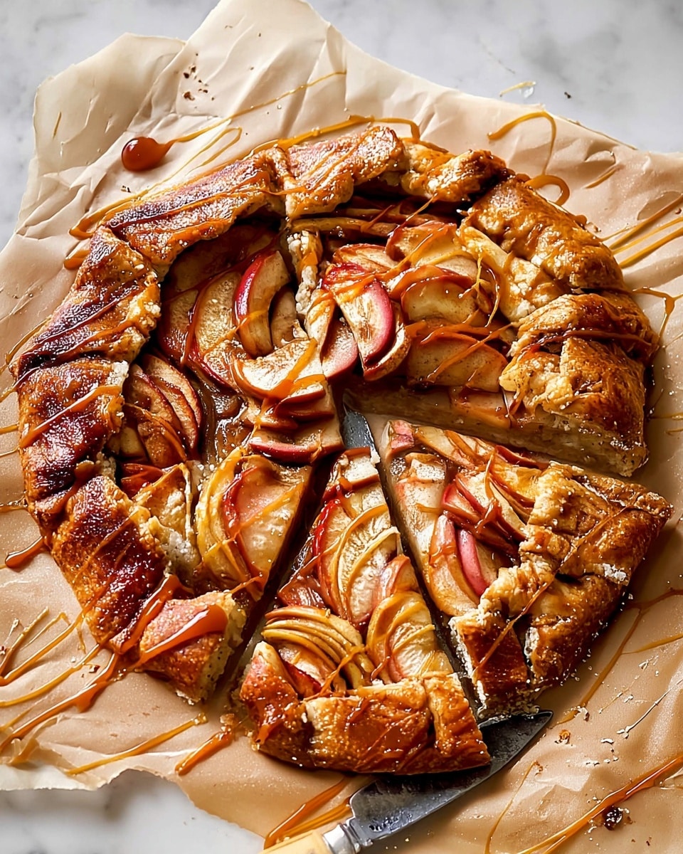 A round apple galette is placed on crumpled brown parchment paper on a white marbled surface. The galette has a thick, golden-brown crust folded over thin apple slices that are arranged tightly in overlapping layers forming a circular pattern in the center. The apple slices show a mix of reddish skin and beige flesh, with a light dusting of cinnamon or sugar. Caramel sauce is drizzled generously over the entire galette, creating thin, shiny, amber lines across the crust and apples. One slice is slightly pulled away, with a silver knife with a light wooden handle placed under the crust. Photo taken with an iphone --ar 4:5 --v 7