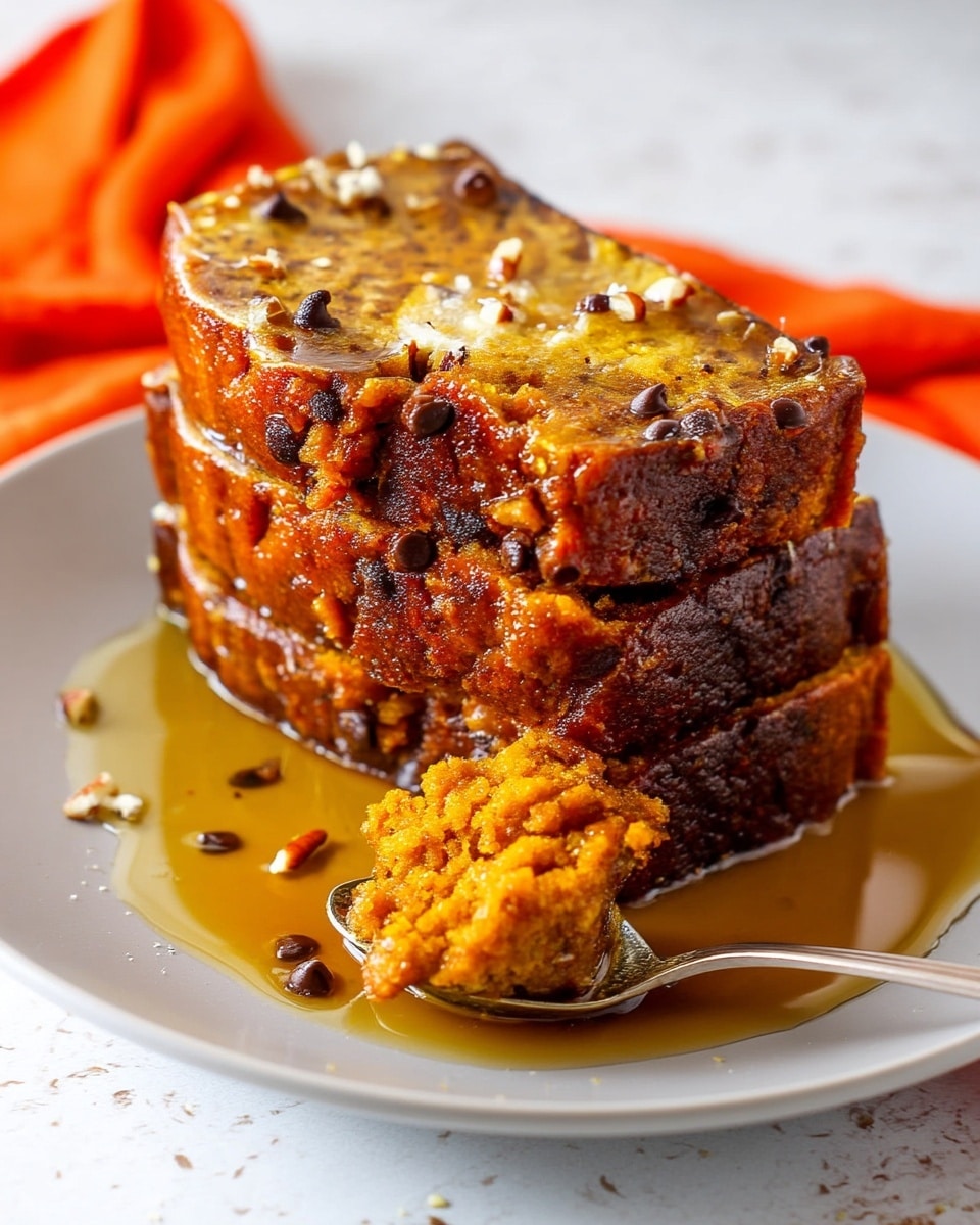 Two thick slices of moist orange pumpkin bread stacked on a white plate with visible small dark chocolate chips and bits of nuts inside and on top. A spoon in the front holds a scoop of the pumpkin bread, showing its soft and crumbly texture soaked in syrup that glistens in light. The white marbled background has a bright orange cloth partially underneath the plate. Photo taken with an iphone --ar 4:5 --v 7