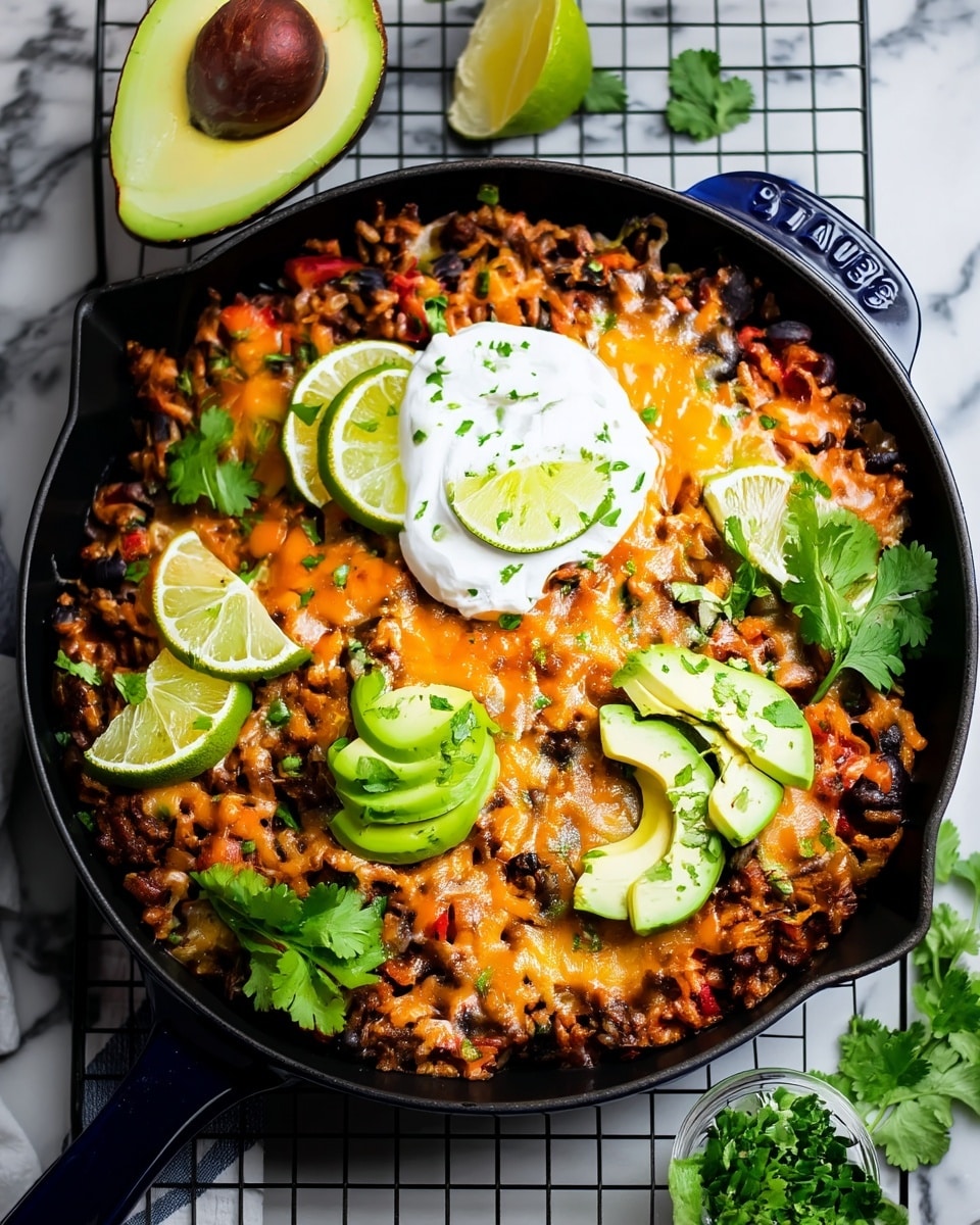A dark blue cast-iron skillet filled with a layered dish starting with a base of mixed rice and black beans with bits of red bell pepper and ground meat, all covered with a melted golden-yellow cheese layer. On top, bright green sliced avocado is placed in two small piles on the right and center-left sides, alongside lime wedges scattered around evenly. In the middle, a dollop of white sour cream is topped with two small lime slices and sprinkled with chopped green herbs. Fresh green cilantro leaves add contrast and freshness around the edges. The skillet sits on a black cooling rack over a white marbled surface, with a halved avocado and lime wedges nearby. photo taken with an iphone --ar 4:5 --v 7