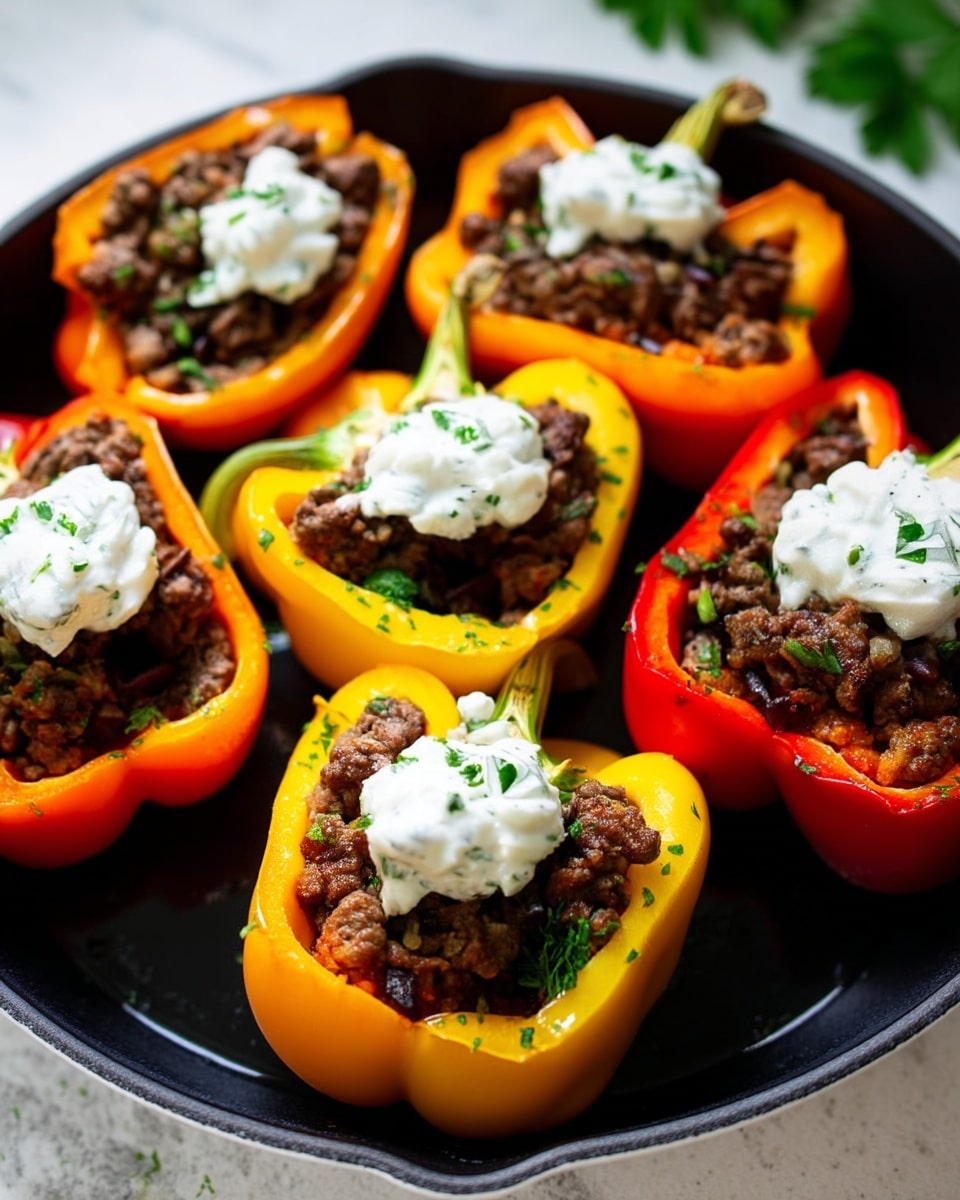 The image shows seven stuffed bell pepper halves arranged closely on a black skillet, placed on a white marbled surface. Each pepper half is either bright yellow, orange, or red, with a glossy texture. Inside each pepper is a layer of cooked ground meat mixed with small bits of onions, dark brown in color with a crumbly texture. On top of the meat, there is a dollop of white creamy sauce sprinkled with green parsley flakes. The peppers' stems remain attached, adding a fresh green contrast. The overall look is colorful and hearty. Photo taken with an iphone --ar 4:5 --v 7