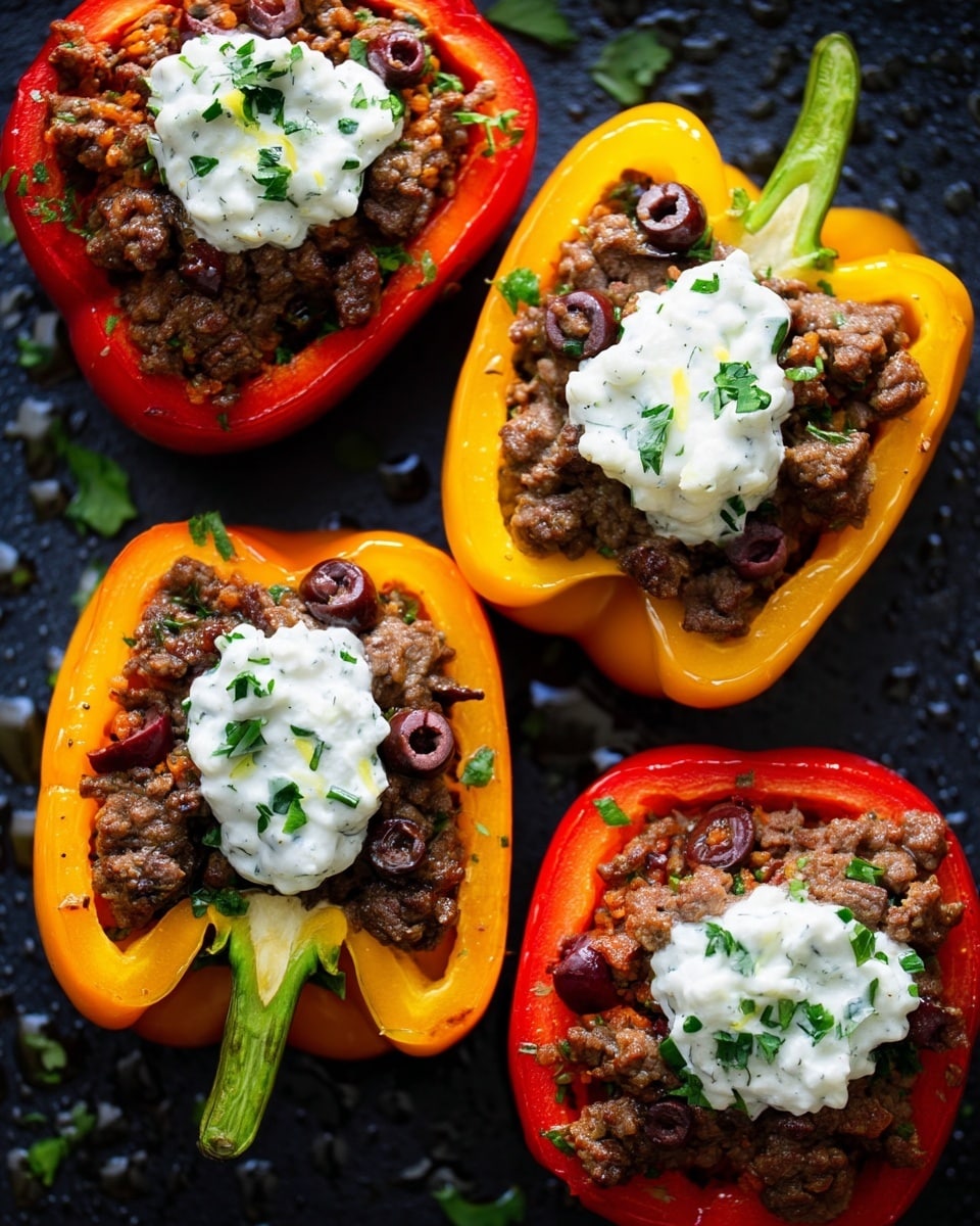The image shows four stuffed bell pepper halves arranged closely on a dark surface. Each bell pepper is sliced in half lengthwise with the green stem still attached. The peppers are bright red and yellow. Inside each pepper, there is a layer of cooked ground beef mixed with small bits of dark olives. On top of the beef mixture, there is a dollop of white creamy sauce sprinkled with small green herb pieces. The dark surface is glossy with small drops of oil or moisture visible. photo taken with an iphone --ar 4:5 --v 7