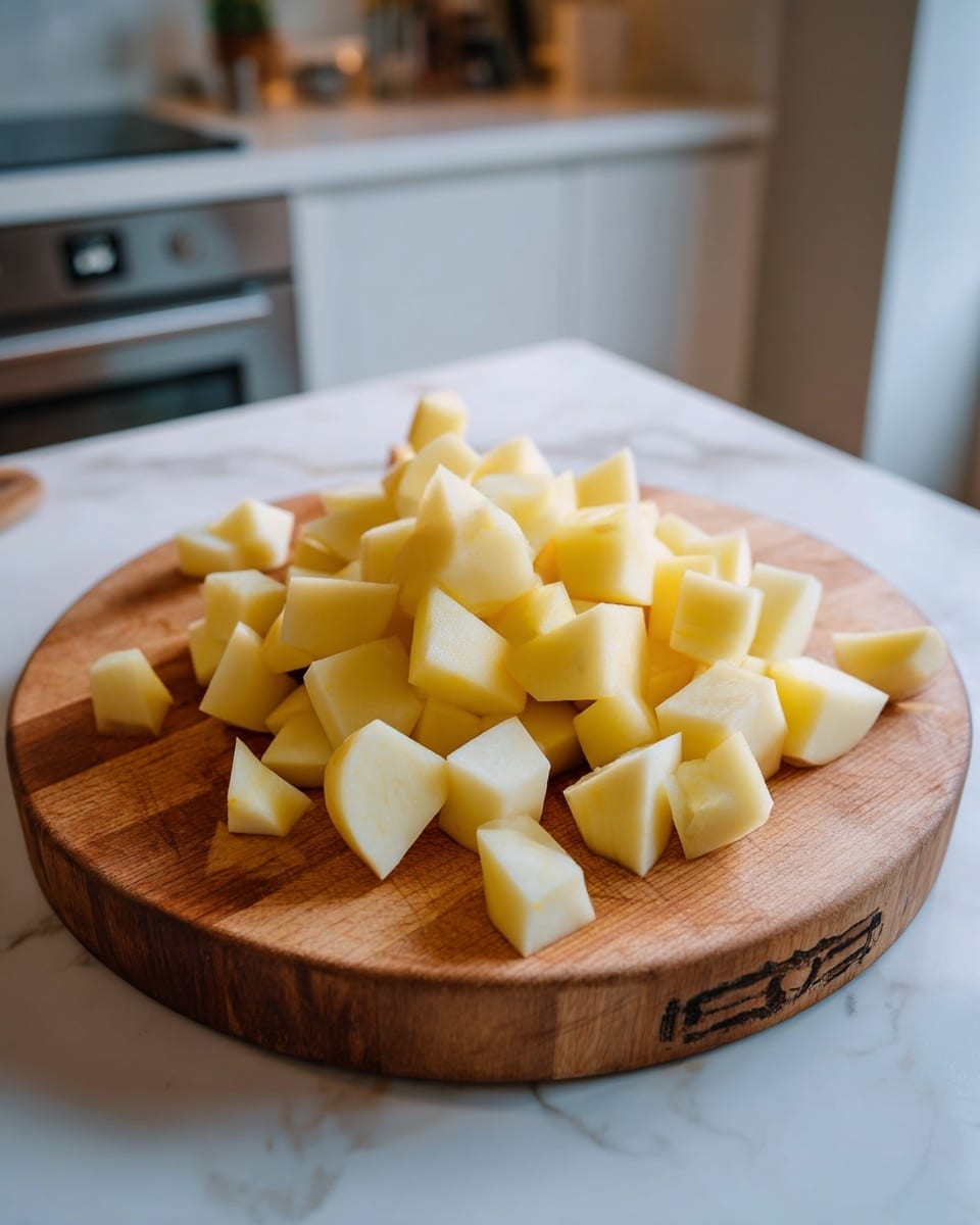 A round wooden cutting board on a white marbled surface holds many pieces of peeled potato cut into medium-sized cubes. The light yellow potato pieces are spread near the center of the board with a few smaller pieces scattered around. The background shows a soft focus kitchen corner with light walls and part of a silver oven. The lighting is warm and natural. photo taken with an iphone --ar 4:5 --v 7