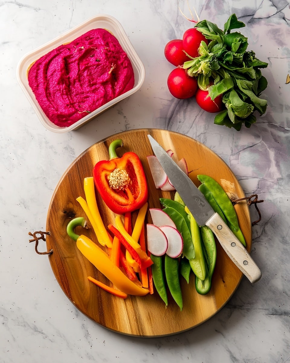 A round wooden cutting board holds a mix of fresh colorful vegetables, including green snap peas, orange and yellow bell pepper strips, thin slices of radish, and a half red bell pepper with seeds visible inside. A silver knife with a white handle lies diagonally on the board with the blade pointing toward the red bell pepper. To the left of the board, two rectangular white containers sit on a white marbled surface—one filled with creamy beige hummus and the other with bright magenta beet dip. In the top right corner of the image, a bunch of fresh red radishes with green leafy tops rests on the same white marbled surface. Photo taken with an iphone --ar 4:5 --v 7