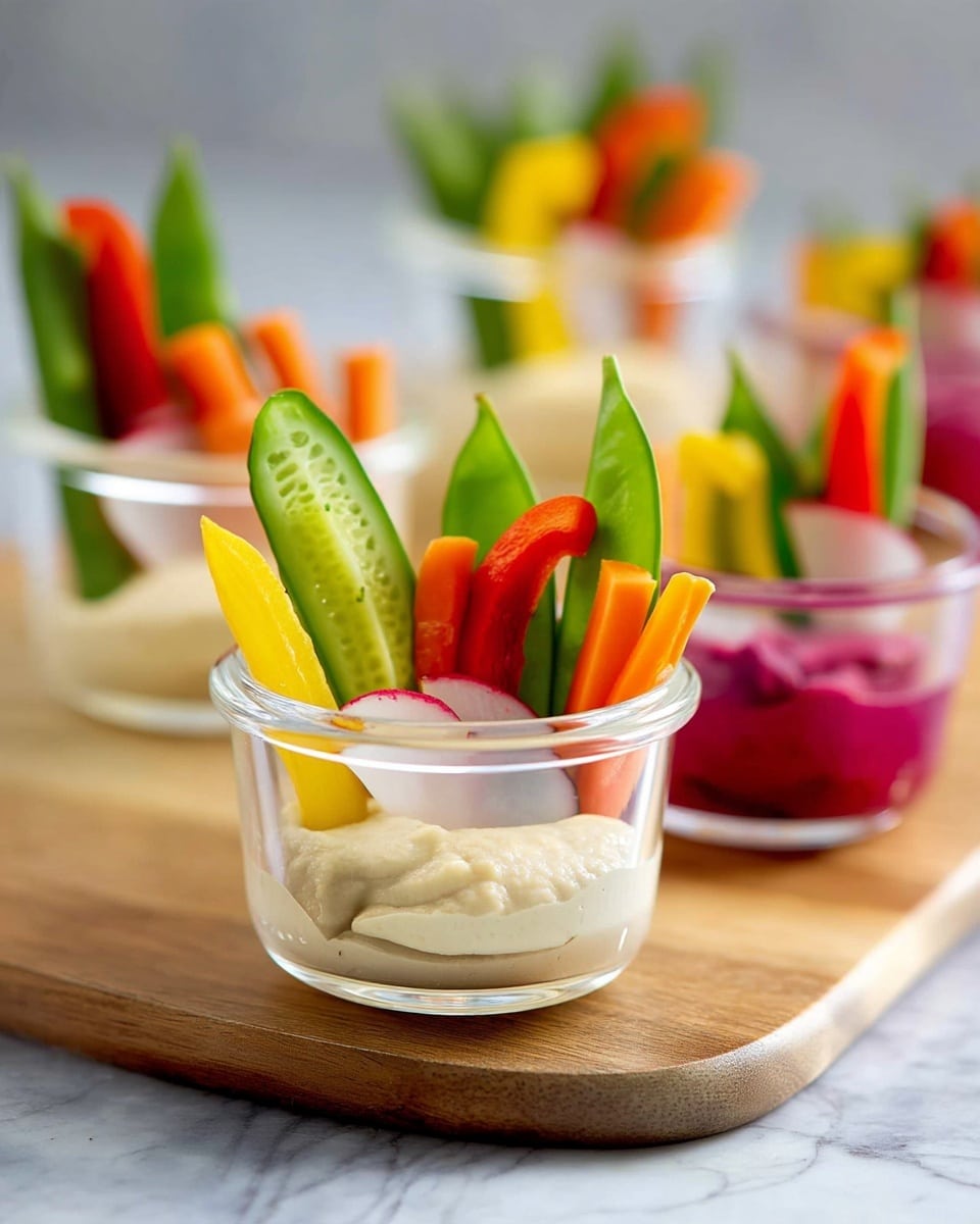 A small clear glass cup holds a base layer of creamy white hummus with a soft texture, topped with five vertical vegetable sticks arranged in a fan shape. From left to right, there is a yellow bell pepper strip, a green cucumber slice with visible seeds, a pair of bright green snap peas, an orange carrot stick, and a deep red bell pepper strip. Two thin slices of radish with pink edges are placed in front, adding detail. In the blurry background, more glass cups have similar colorful vegetable sticks with different dips in each, all resting on a wooden round board on a white marbled surface. photo taken with an iphone --ar 4:5 --v 7
