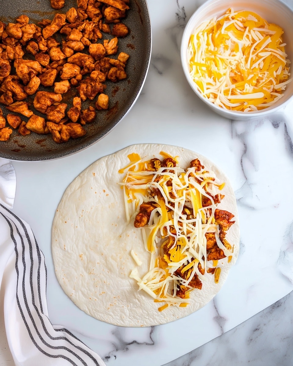 A round white tortilla is laid flat on a white marbled surface, partially topped on the right side with small reddish-brown cooked chicken pieces and a generous layer of shredded yellow and white cheese mixed together. Above the tortilla to the left, there is a grayish frying pan containing more cooked chicken spread unevenly inside. To the right of the pan, a white bowl filled with the same shredded yellow and white cheese sits on the white marbled surface. A white cloth with black stripes is partly visible in the bottom left corner. Photo taken with an iphone --ar 4:5 --v 7