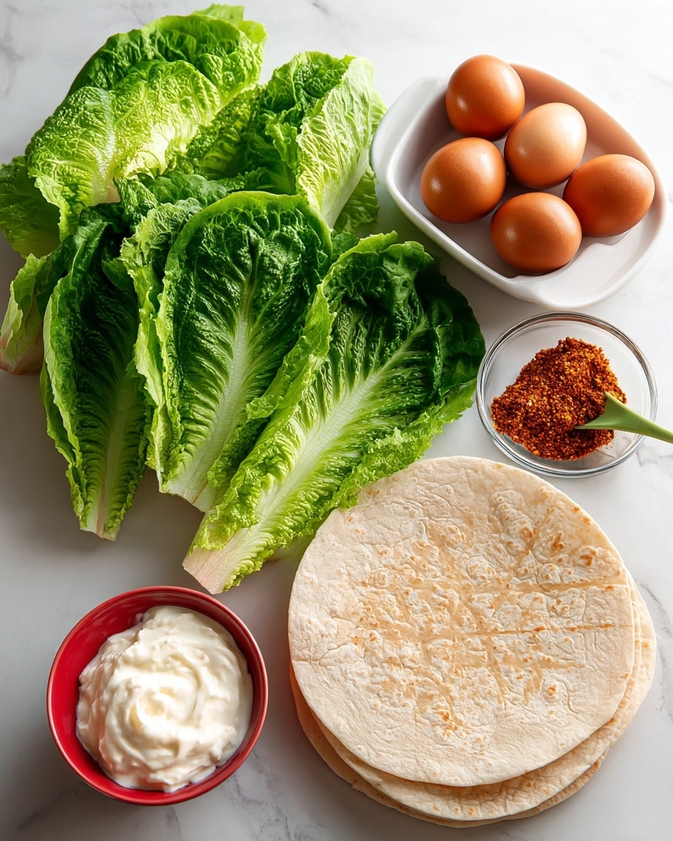 The image shows several fresh green romaine lettuce leaves arranged in a small pile on a white marbled surface. Next to the lettuce, there is a stack of two beige tortillas lying flat. To the right, a small transparent glass container holds a reddish spice mix. Above the spice container, a white bowl contains five brown eggs clumped together. Beside the eggs, there is a small red bowl filled with white mayonnaise, with a green spoon resting inside of it. The overall setting is clean with a bright look. Photo taken with an iphone --ar 4:5 --v 7