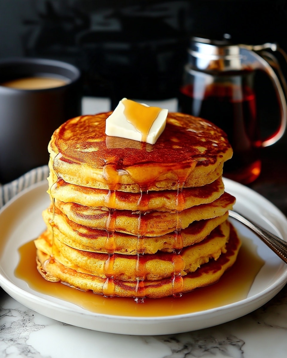 A stack of six golden brown pancakes sits at the center of a white plate on a white marbled surface. The pancakes show light, fluffy textures with slightly crisp edges, and a square of melting butter rests on the top pancake, slowly soaking in the syrup. A generous amount of syrup glistens over the top and pools slightly around the base. A silver fork holds a small bite of pancake, angled towards the bottom left of the plate. In the background, there is a black cup and syrup dispenser on a striped cloth. photo taken with an iphone --ar 4:5 --v 7