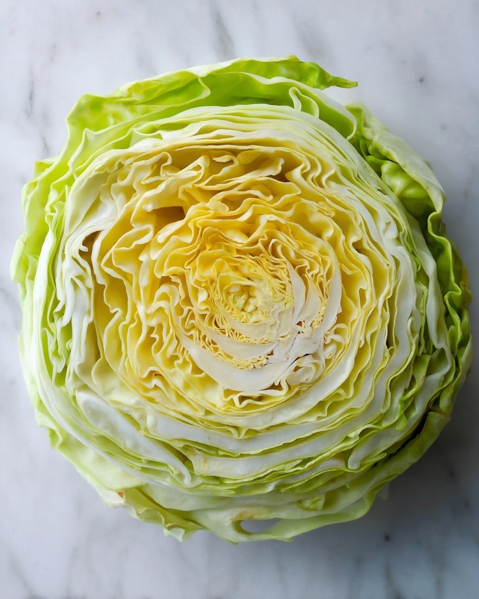 A close-up top view of a cabbage cut in half showing many layers, starting from the center with tight, pale yellow leaves that turn white, then light green as they reach the outer layers; the leaves have a soft, wavy texture and are arranged in circular concentric layers. The cabbage rests on a white marbled surface. photo taken with an iphone --ar 4:5 --v 7