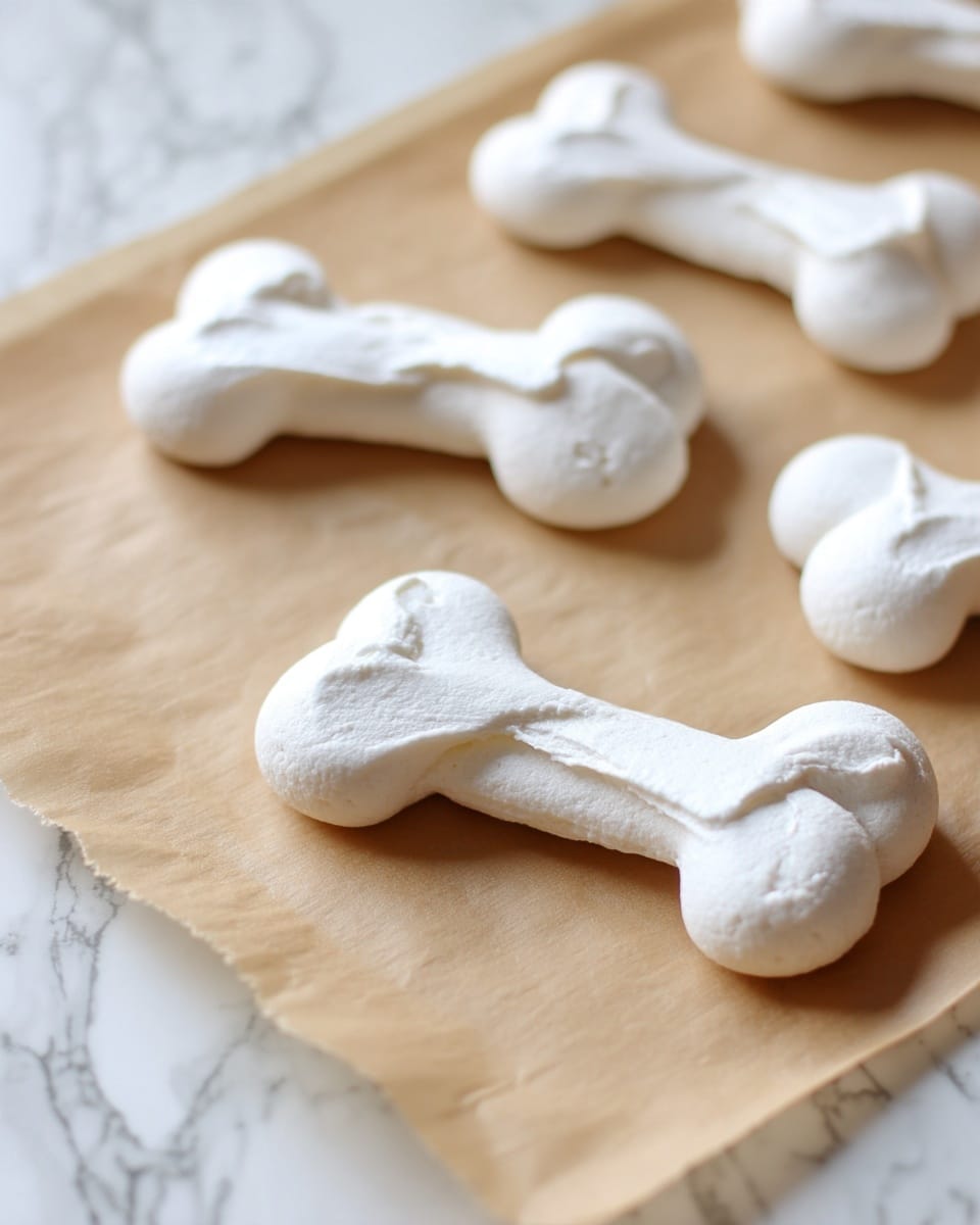The image shows several bone-shaped meringue cookies on a piece of light brown parchment paper that covers a baking tray. Each cookie has two round ends joined by a thicker, slightly textured middle, all in bright white with a smooth yet slightly uneven surface. The baking tray sits on a white marbled texture, and the overall setting looks clean and softly lit. photo taken with an iphone --ar 4:5 --v 7