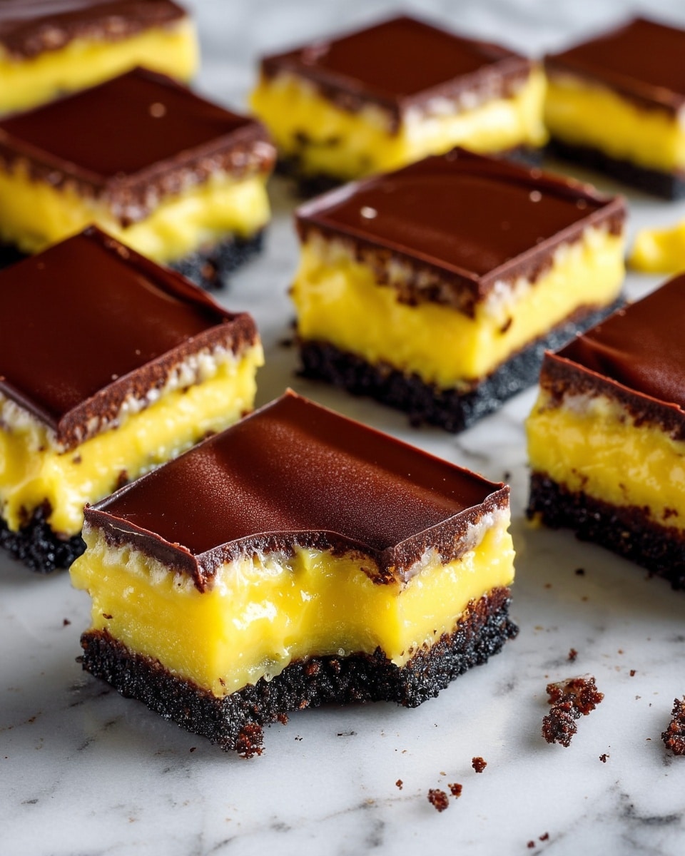 This image shows a dessert bar with three visible layers arranged horizontally. The bottom layer is crumbly and dark, almost black, resembling a cookie crust. The middle layer is thick, smooth, and bright yellow, looking creamy. The top layer is a rich, dark brown, smooth chocolate layer with a slightly matte finish. The dessert bar is placed on a white plate that sits on a white marbled surface. In front of the main bar, there are three smaller square pieces of the same dessert, showing all three layers clearly. The background is a plain light grey wall. photo taken with an iphone --ar 4:5 --v 7