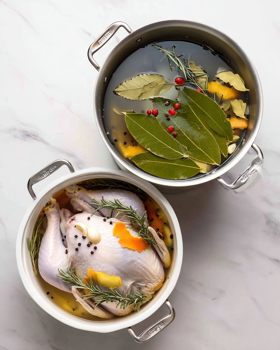 The first image shows a silver pot with two handles, filled with a clear liquid containing several ingredients: three large green bay leaves, two small green sprigs of herbs, garlic cloves, thin orange and yellow peel strips, and many small black peppercorns. The second image shows a white container holding two whole raw chickens submerged in the same clear liquid, with similar ingredients on top: orange and yellow peel strips, black peppercorns, green herb sprigs, and bay leaves. Both images are on a white marbled surface. Photo taken with an iphone --ar 4:5 --v 7