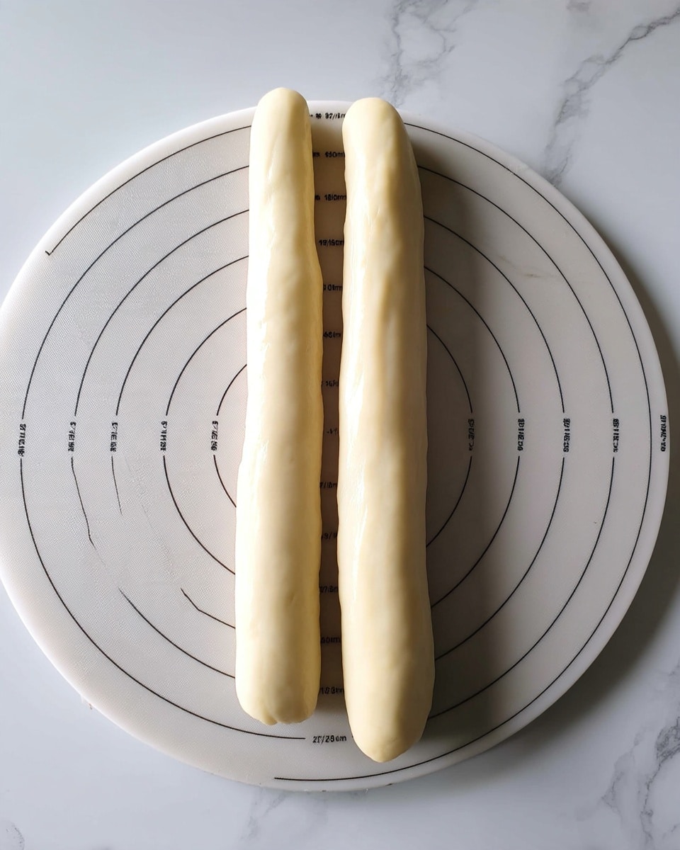 Two long, smooth, pale dough sticks lie side by side on a round white marbled surface with black concentric circle measurements. The dough texture looks soft and shiny with no cracks or rough parts. The sticks are straight and parallel, occupying the center of the image. photo taken with an iphone --ar 4:5 --v 7