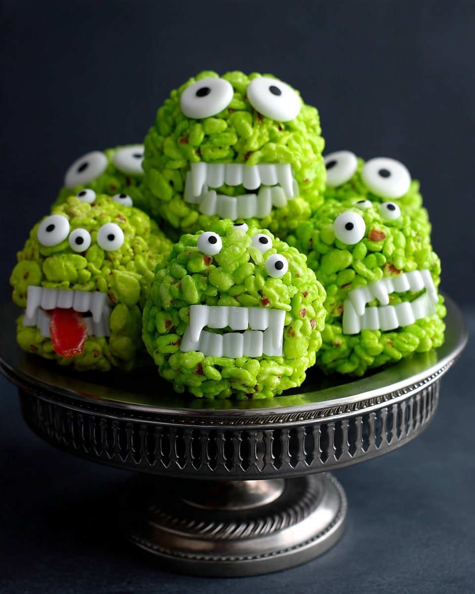 The image shows a group of green popcorn balls with silly monster faces stacked on a shiny silver cake stand. Each popcorn ball is bright green and bumpy from the popcorn texture. The faces have white candy eyes with black pupils placed all around the top half. The mouths are made of white candy shaped like teeth, some smiling and some with sharp teeth, and one monster has a red candy tongue sticking out. The popcorn balls are close together, creating a fun and playful look. The background is dark, making the bright green popcorn balls stand out clearly. photo taken with an iphone --ar 4:5 --v 7