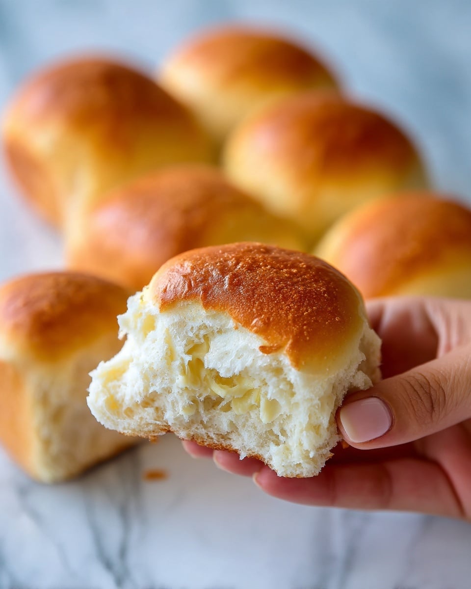 A close-up image of a woman's hand holding a soft, fluffy bread roll that has been partly torn open, showing its light, airy, and slightly sticky interior texture. In the background, there are more blurred bread rolls resting on a white marbled surface, creating a soft and warm atmosphere. The bread roll has a golden brown crust with a smooth texture on the outside and a creamy off-white inside. The photo taken with an iphone --ar 4:5 --v 7