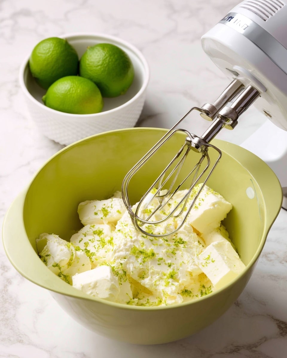 A pale yellowish-green bowl filled with a mix of white cream cheese blocks and pale yellow liquid, topped with small bright green lime zest pieces. To the left of the bowl is a small white bowl holding two whole green limes. An electric mixer with shiny metal beaters is partly inside the large bowl, with a white and silver body visible. The scene is set on a white marbled surface, providing a clean background. Photo taken with an iphone --ar 4:5 --v 7