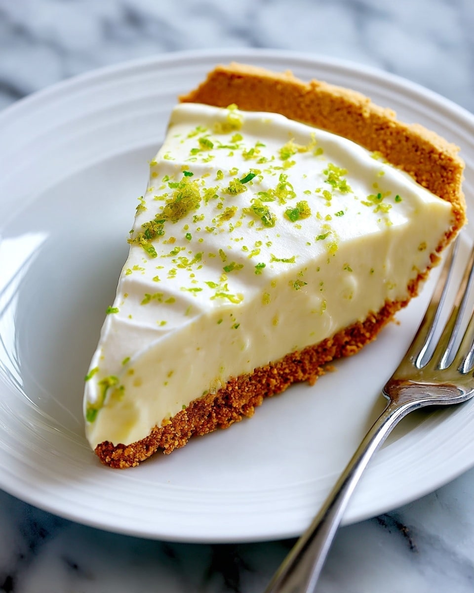 A slice of key lime pie sits on a white plate with a shiny silver fork next to it. The pie slice has three layers: a golden brown crumbly crust at the bottom, a thick creamy pale yellow filling in the middle, and a smooth white whipped topping on top. Two thin lime wedges rest on the whipped layer, adding a bright green color. The crust edges are slightly uneven, showing crumb texture. The background is a white marble surface with a metal pie server partially under the round aluminum pie tin, which contains the rest of the pie. The pie top is garnished with small green lime zest sprinkles. A red and white striped cloth is placed next to the plate. photo taken with an iphone --ar 4:5 --v 7